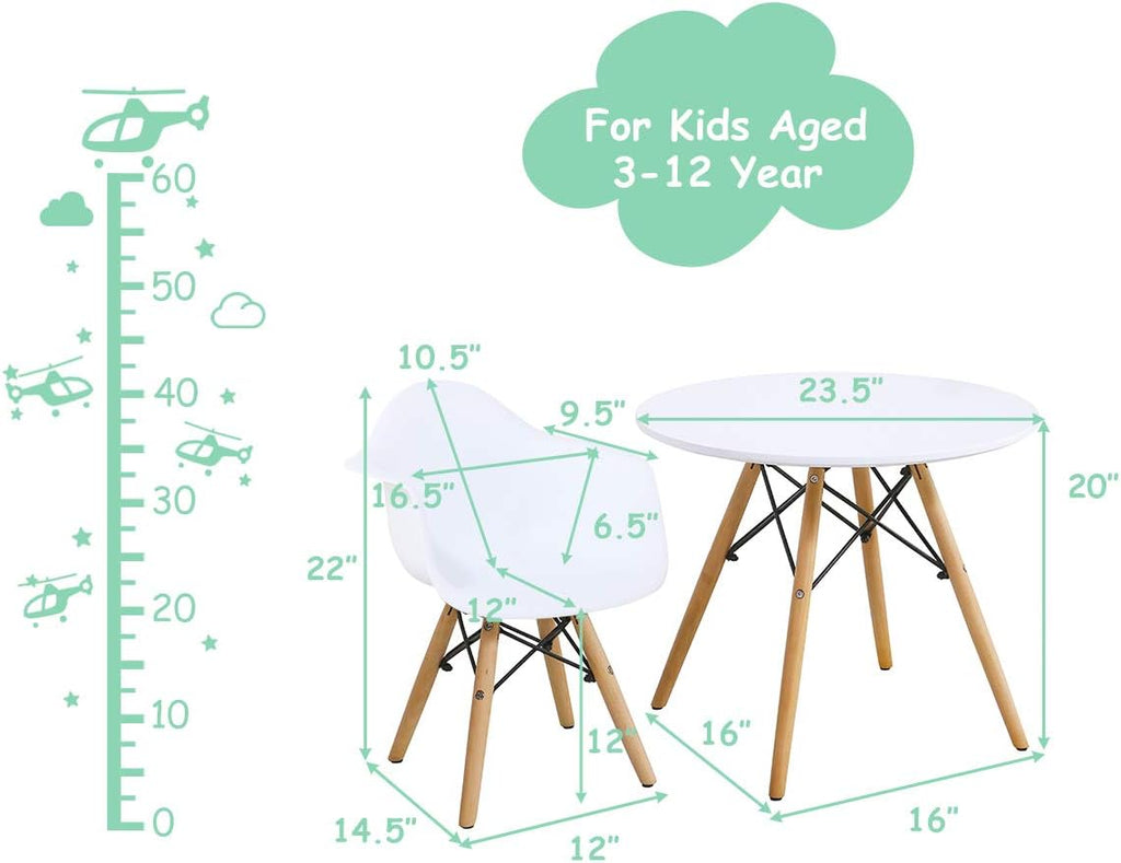 Costzon Kids Table and Chair Set, Mid-Century Modern Style Table Set Round Table with Armchairs for Toddler Children, Kids Dining Table and Chair Set (White, Table & 4 Chairs)