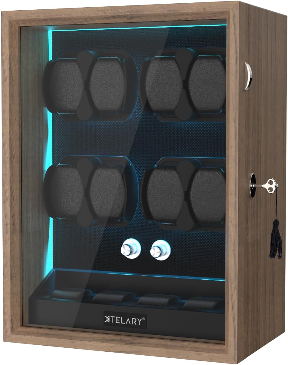 XTELARY Lockable Automatic Watch Winder - 4/6/8/12 Watch Storage, 4 Rotation Modes, Quiet Motor, Backlight