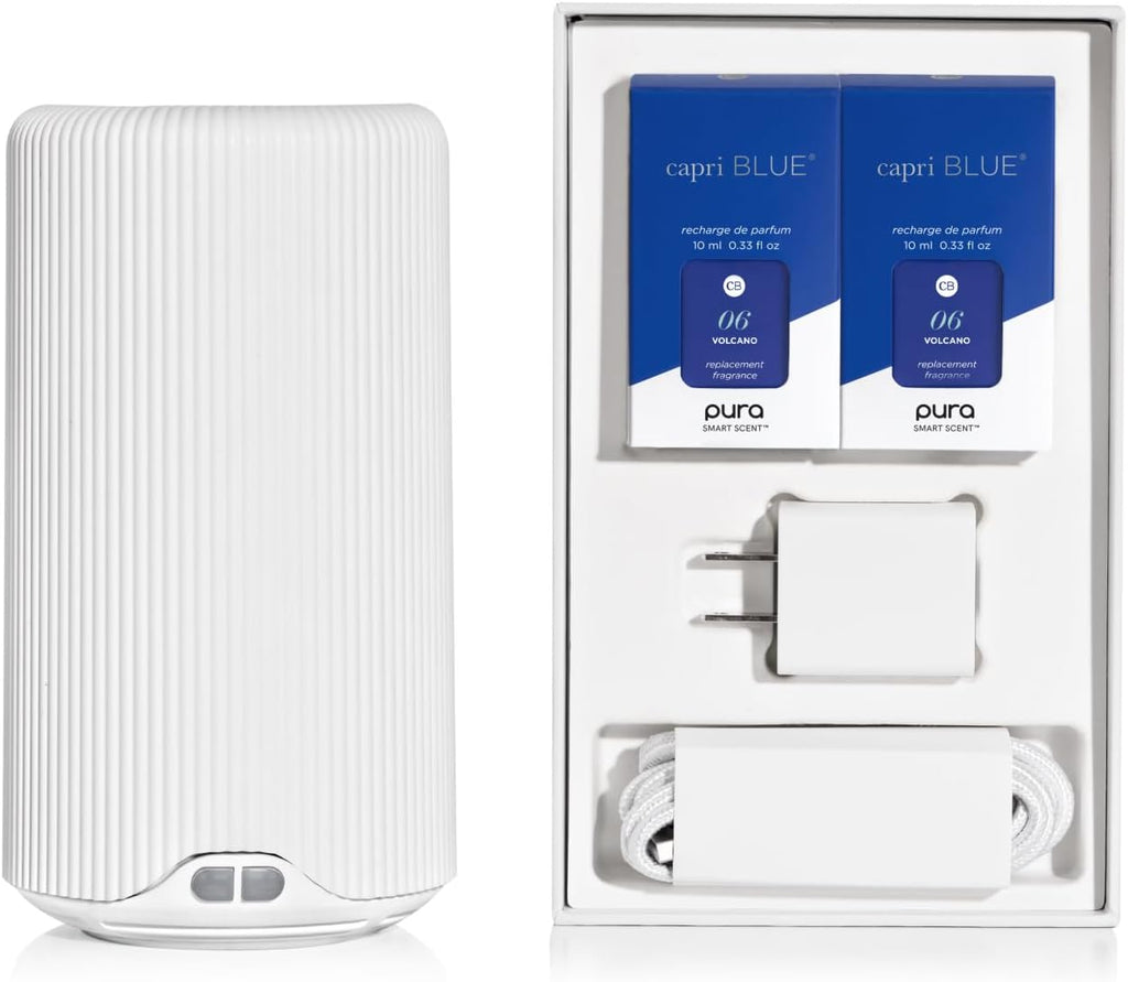 Capri Blue Pura Plus Smart Home Fragrance Diffuser Kit - Includes 1 Tabletop Pura Diffuser and 2 Volcano Refills - Notes of Tropical Fruits & Sugared Citrus