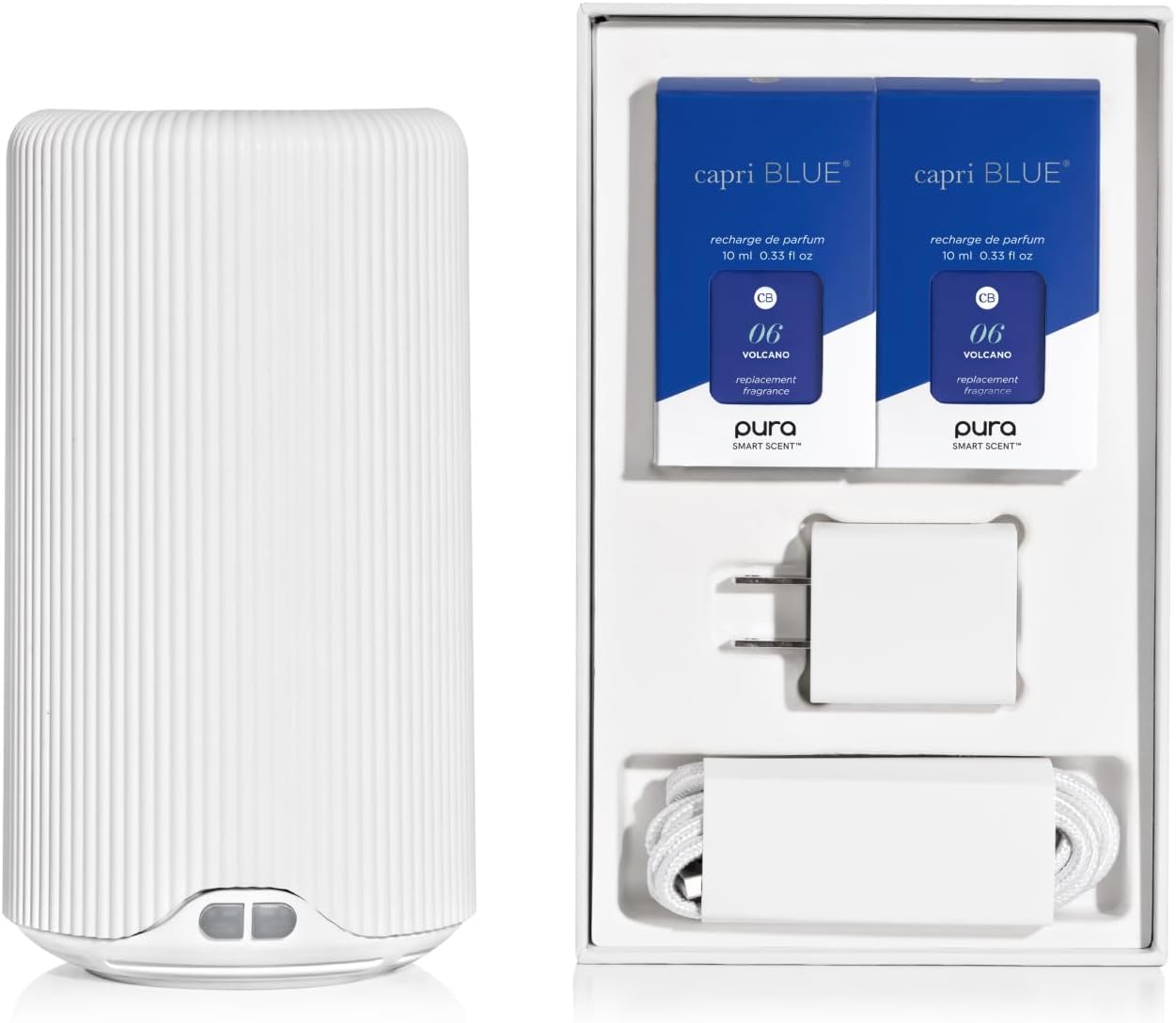 Capri Blue Pura Plus Smart Home Fragrance Diffuser Kit - Includes 1 Tabletop Pura Diffuser and 2 Volcano Refills - Notes of Tropical Fruits & Sugared Citrus