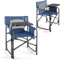Portal Folding Director Chair with 2-Way Rotating Side Table, Heavy Duty 300 lb Camping Chair with Swivel Tray & Cup Holder, Ergonomic Mesh Back Portable Outdoor Seat for RV, Tailgating & Lawn, Blue