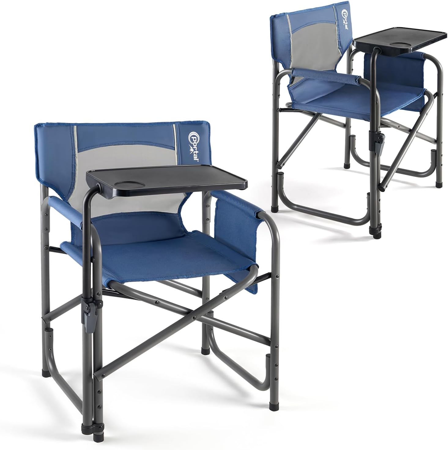 Portal Folding Director Chair with 2-Way Rotating Side Table, Heavy Duty 300 lb Camping Chair with Swivel Tray & Cup Holder, Ergonomic Mesh Back Portable Outdoor Seat for RV, Tailgating & Lawn, Blue