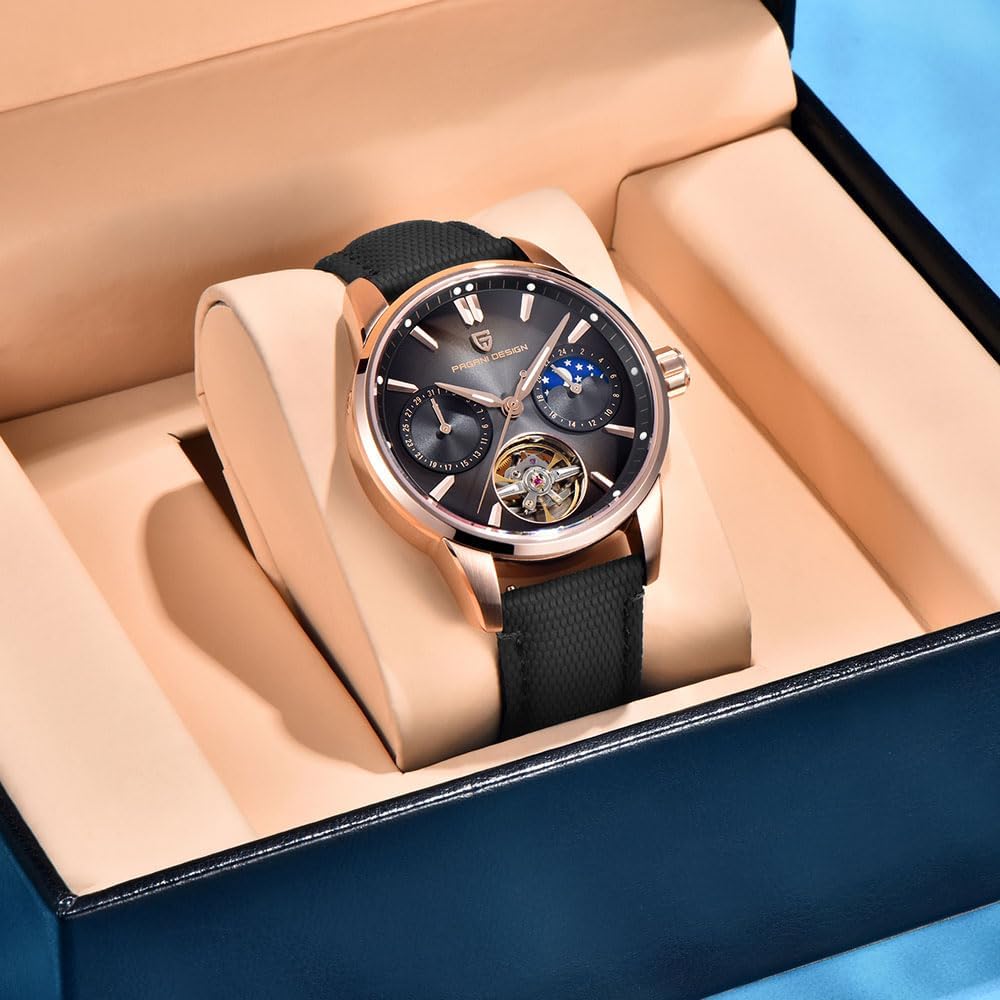 Pagani Design Luxury Men's Automatic Watch Skeleton Tourbillon Moon Phase Stainless Steel 100m Waterproof Leather Strap Men's Mechanical Watch