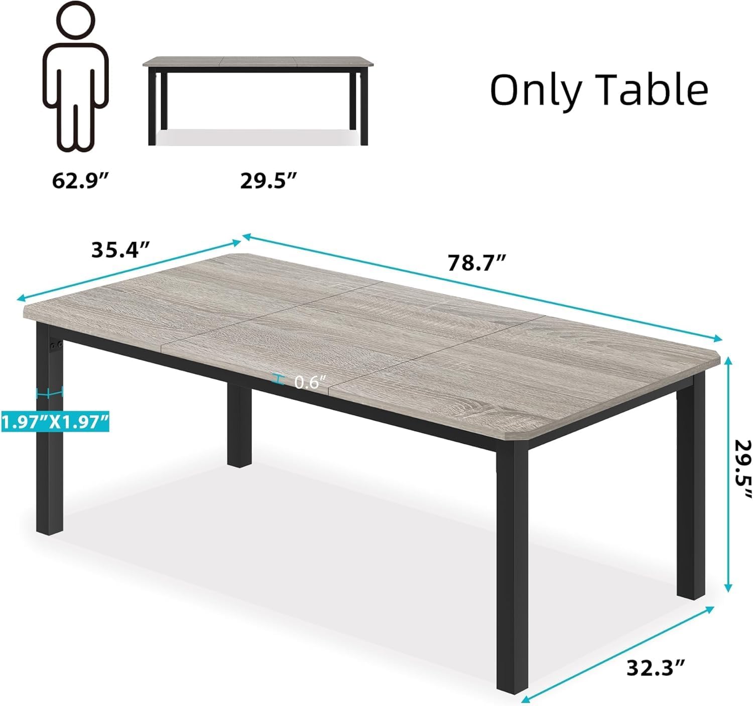 IDEALHOUSE 78.7' Long Rectangle Dining Table for 6-8 People, Industrial Wood Dinner Table (Only Table) (Light Grey)