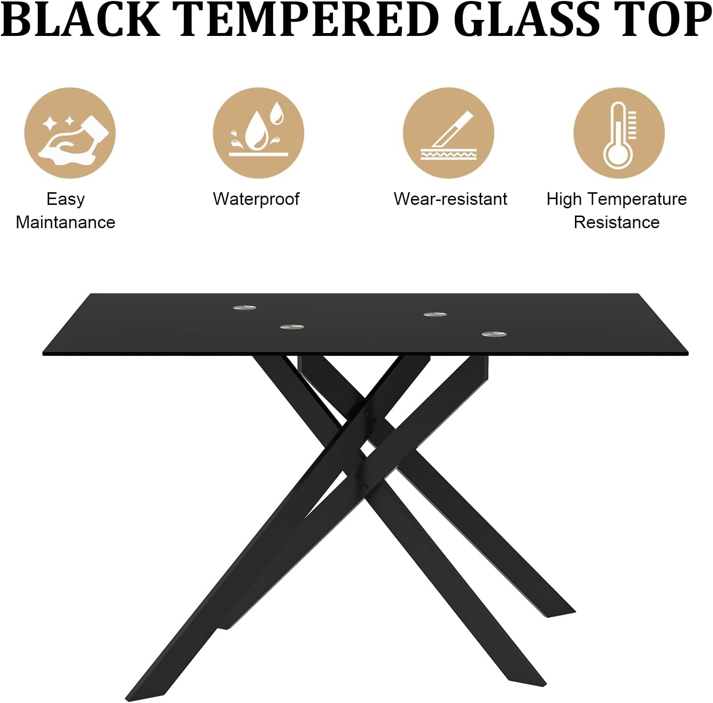 51.2' Black Glass Dining Table, Modern Kitchen Table for 4-6 People, Contemporary Rectangular Dining Room Dinner Tables with Black Glass Top & Black Metal X Legs for Kitchen Apartment