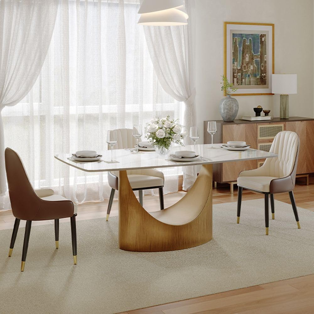 POVISON 63' Modern Dining Table for 4, Glossy White Dining Table, Sintered Stone Dining Tabletop with Bronze Carbon Steel Pedestal Table for Dining Room (Table Only)