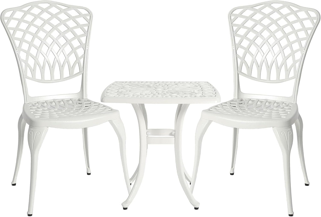 HOMEFUN Thickened Heavy-Duty Cast Aluminum Bistro Set of 2 Outdoor 3 Piece Patio Furniture, Ultra Sturdy Rustproof All-Weather for Garden Balcony, White