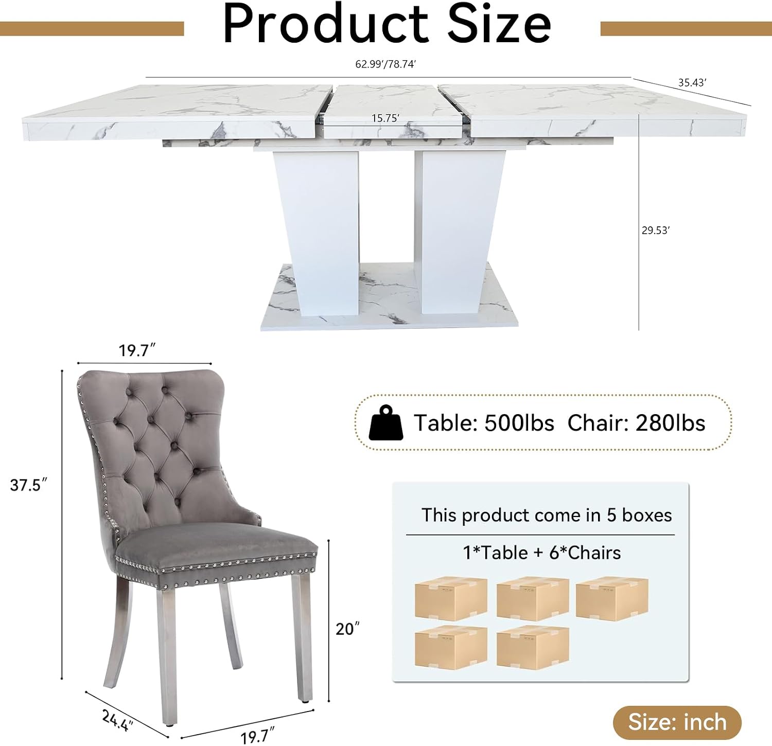 Henf 7 Pieces Faux Marble Dining Table Set for 6, 63'-79' Extendable Dining Room Table and 6 Grey Tufted Chairs Set for 6, Modern Large Expandable Kitchen Table with White Double Columns Base