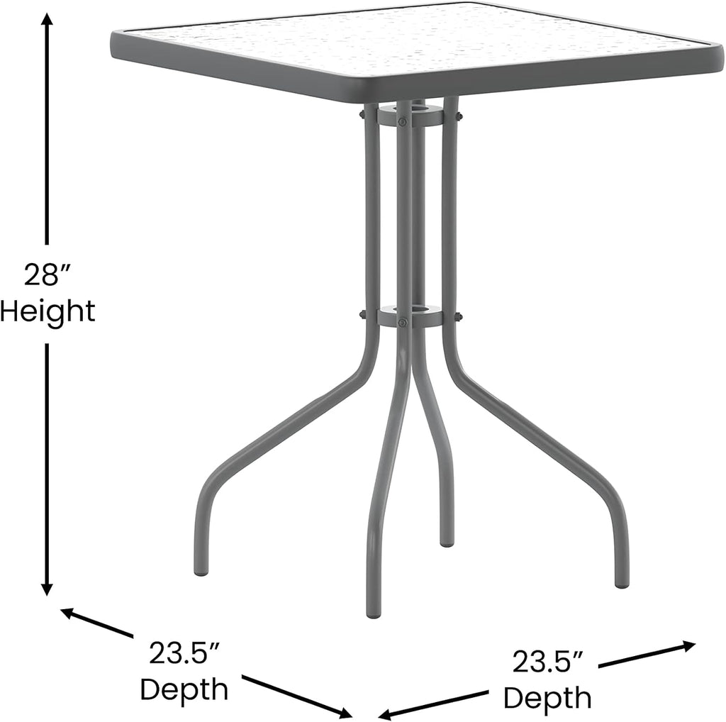 Flash Furniture TLH-0731SQ-017CSV2-GG Lila 23.5'' Square Glass Table with 2 Metal Aluminum Slat Stack Chairs, Silver