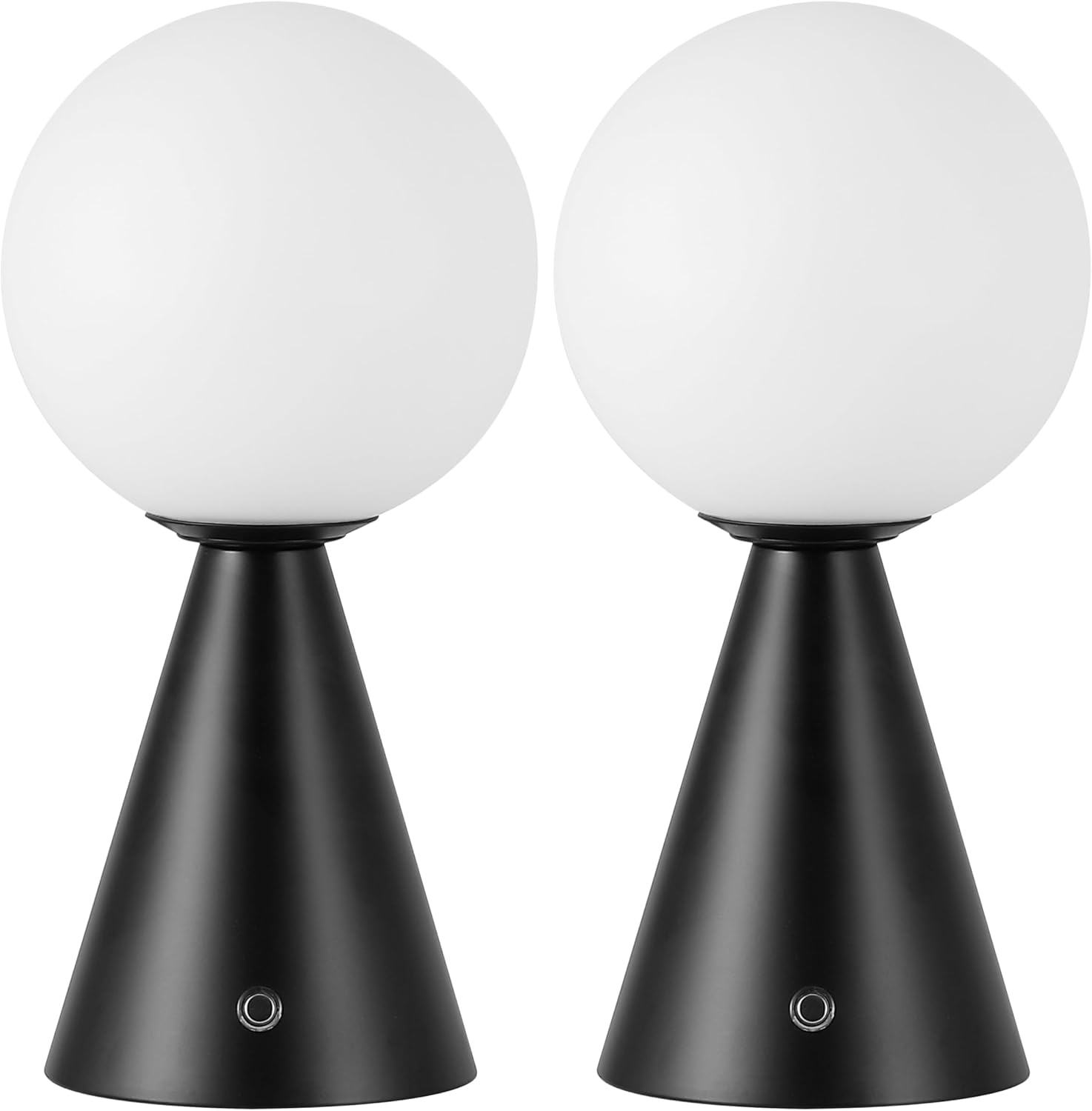 JONATHAN Y 11.75' Black Macie Modern Globe Cordless Table Lamp Set of 2, Rechargeable Dimmable Integrated LED Touch Sensor Bedside Lamp, White Frosted Glass Shade (JYL7159B-SET2)