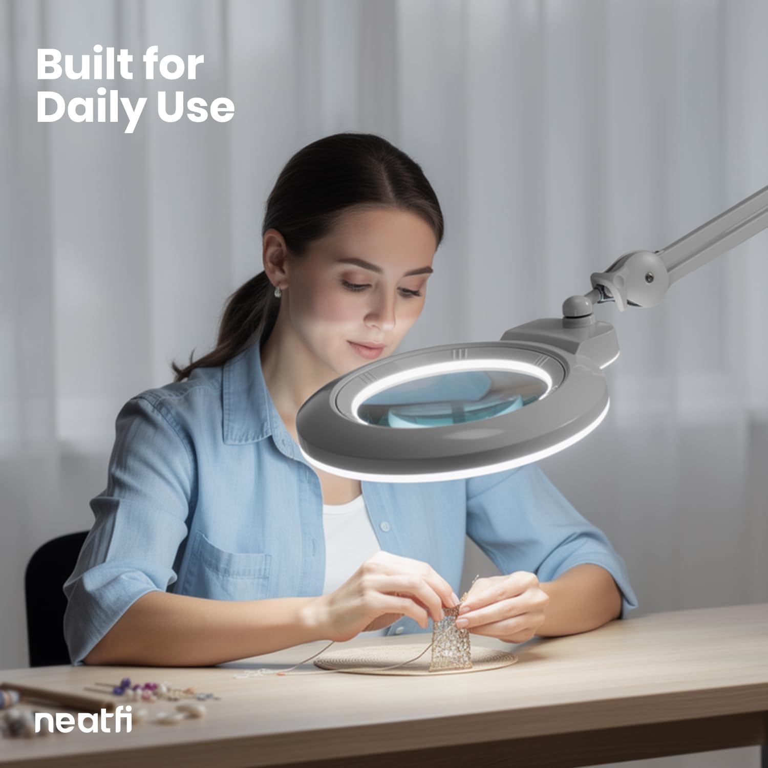 Neatfi XL Bifocal LED Magnifying Lamp, 7' Acrylic Lens, 2.25X/6X Magnification, 1,600 Lumens Dimmable | Hands-Free Close Work | Crafting, Jewelry & Reading (Silver, 7-inch Lens, Non-CCT with Clamp)