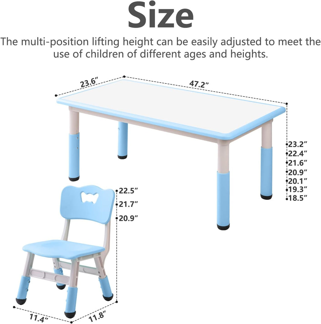 monleelnom Children's Table and Chair Set Suitable for Boys and Girls Age 2-12 Height Adjustable Table top Can be Painted with 6 Seats Suitable for Family Learning Daily use (Sky blueBlue)