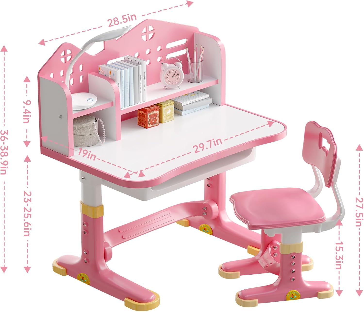 Kids Desk and Chair Set, Height Adjustable Child's School Study Writing Tables, Kids Desk with Bookstand and Storage Drawer, Widened Desktop with Desktop for Boys and Girls