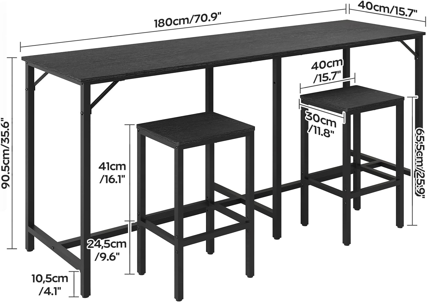 YATINEY 70.9' Bar Table and Chairs Set, Dining Table and Chair Sets, 3 Piece Counter Height Table and 2 Stools, Kithcen Table for Home Restaurant, Bar, Black BT09BB