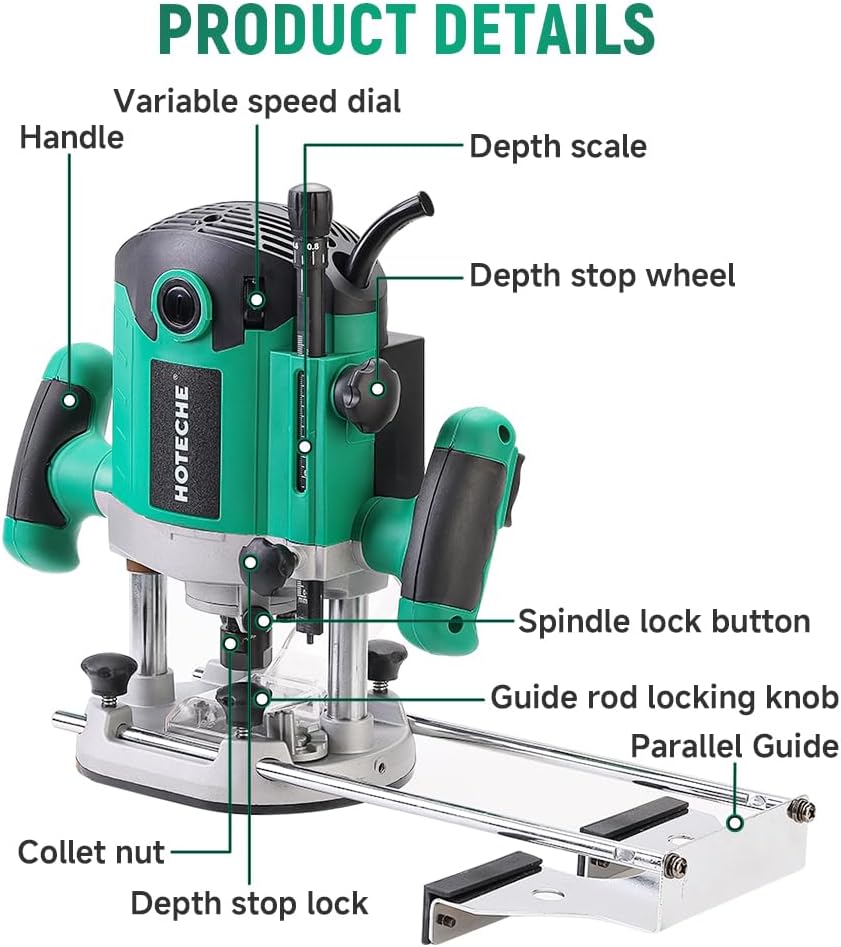 Hoteche 2100W Wood Router, 8000-23500RPM, 0-55MM Depth, 1/2' Collet, Aluminum Base with Complete Accessories
