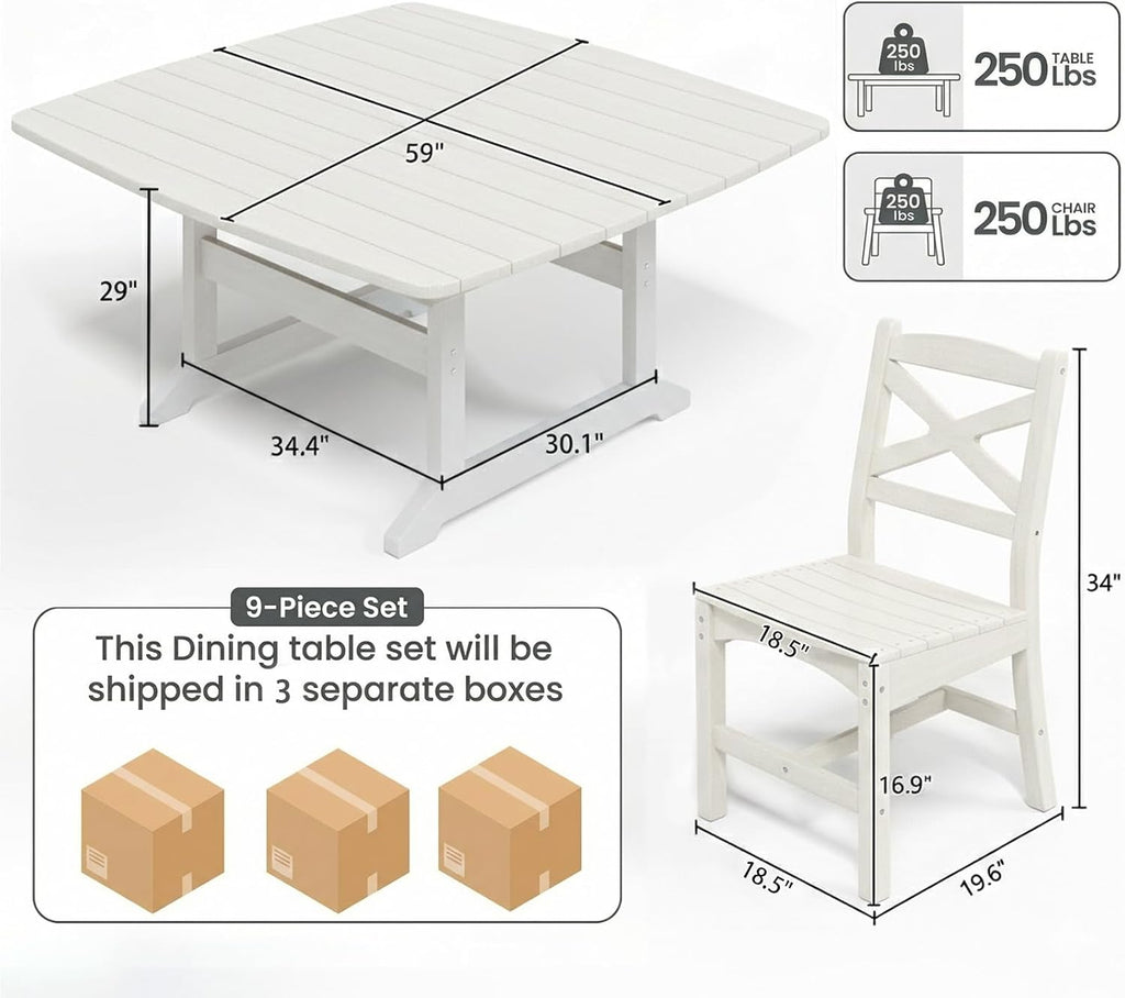 Outdoor Dining Set, HDPE 9-Piece Patio Table and Chairs Set, All-Weather Outdoor Dining Table Set for 8 with Umbrella Hole, Durable Patio Furniture Set with Chairs,White