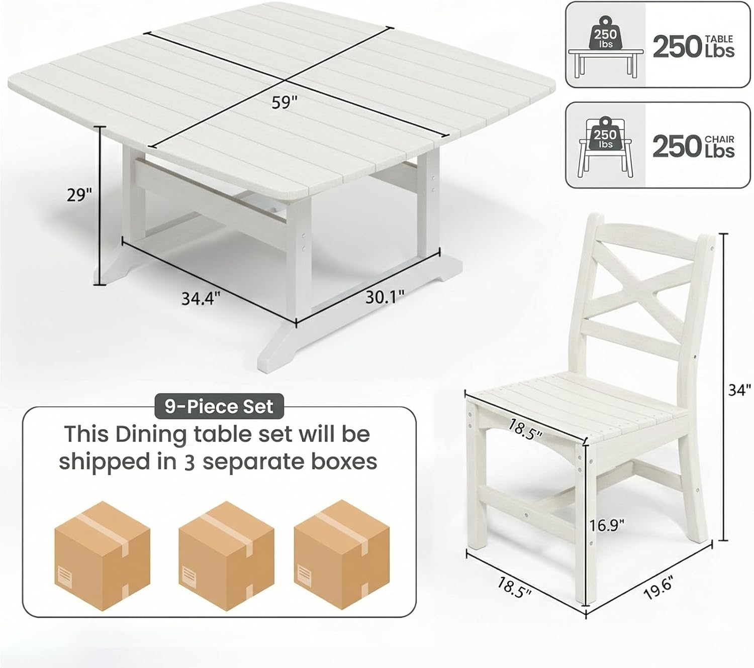 Outdoor Dining Set, HDPE 9-Piece Patio Table and Chairs Set, All-Weather Outdoor Dining Table Set for 8 with Umbrella Hole, Durable Patio Furniture Set with Chairs,White