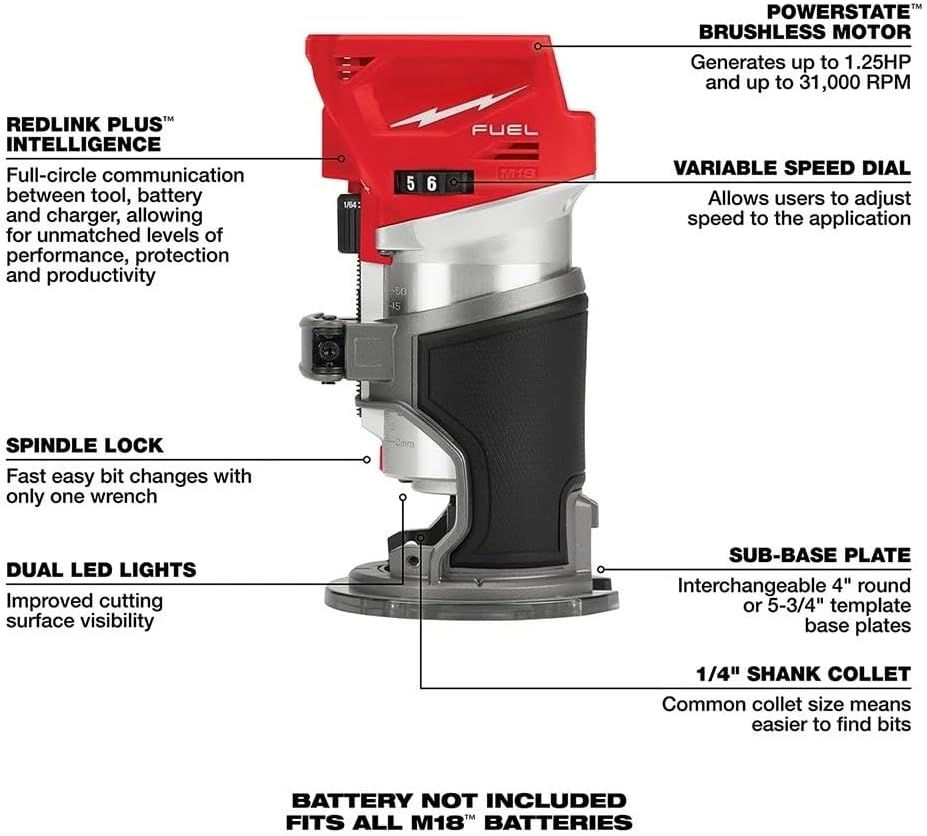 2723-20 Variable speed Power Routers for Milwaukee M18 FUEL Cordless Compact Fixed Base Router - Bare Tool