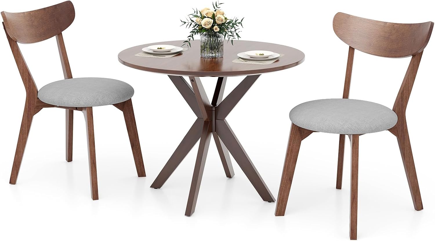 ERGOMASTER 3-Piece Dining Table Set for 2, 36' Kitchen Round Table with 2 Chairs, Rubber Wood Legs, Brown