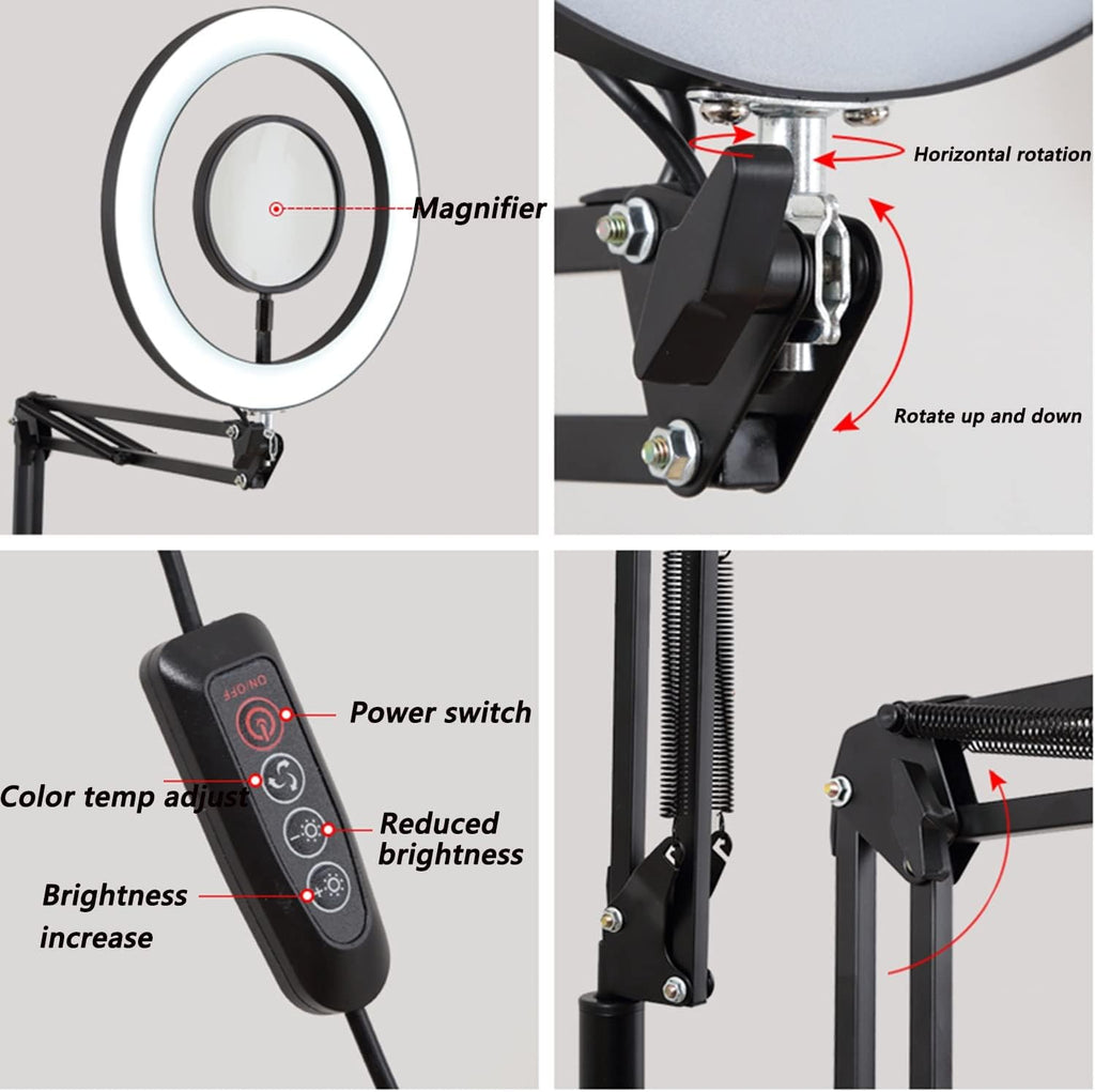 LED Beauty Magnifying Lamp, Super Bright Stepless Dimmable Magnifying Glass with Light, Adjustable Metal Swing Arm Magnifier Lamp for Tattoo, Manicure, Reading, Sewing, Crafts, Repair