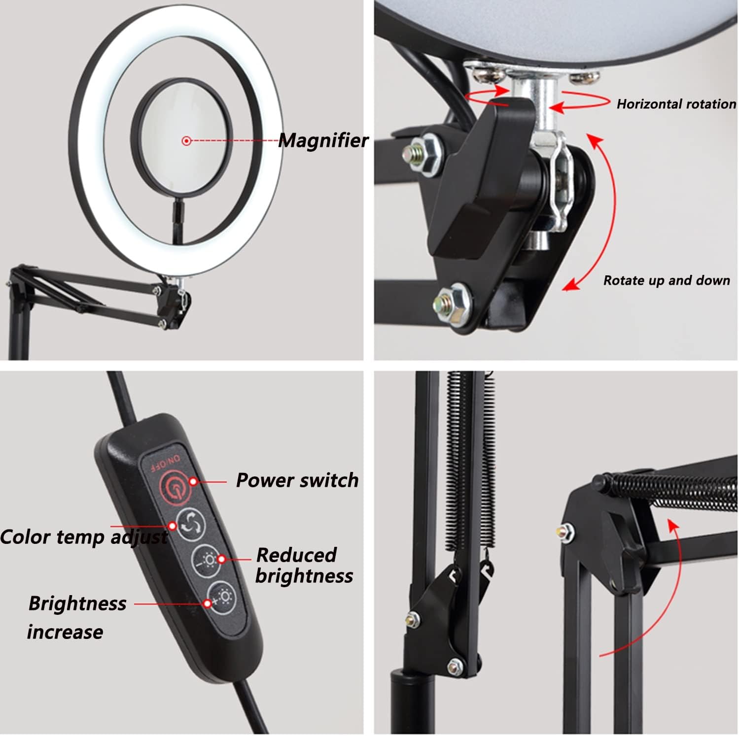 LED Beauty Magnifying Lamp, Super Bright Stepless Dimmable Magnifying Glass with Light, Adjustable Metal Swing Arm Magnifier Lamp for Tattoo, Manicure, Reading, Sewing, Crafts, Repair