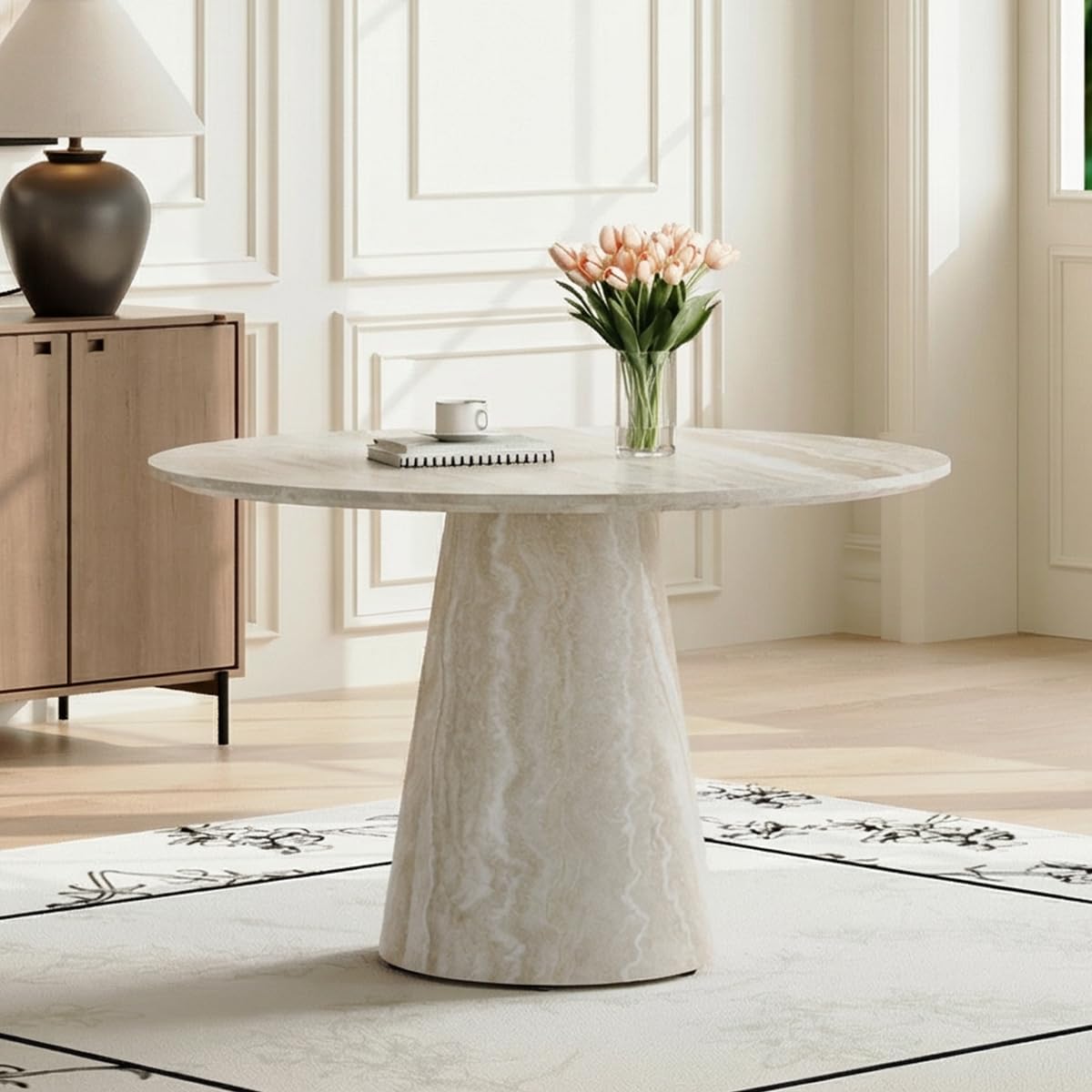 Faux Marble Round Dining Table for 4-6, 45' Modern Farmhouse Round Kitchen Table with 1' Thickened Wood Top & Stable Pedestal for Dining Room,Living Room,Apartment,Restaurant(Beige)