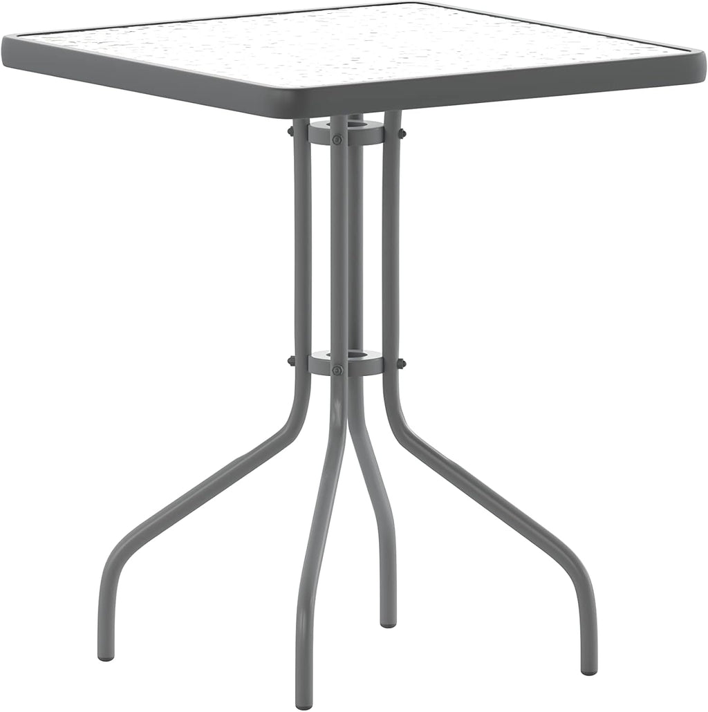 Flash Furniture TLH-0731SQ-017CSV2-GG Lila 23.5'' Square Glass Table with 2 Metal Aluminum Slat Stack Chairs, Silver
