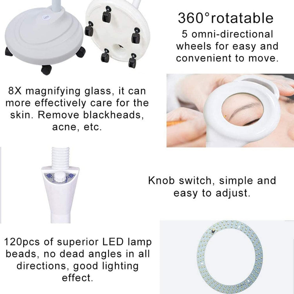 8X Vertical Beauty Magnifying Lamp LED Cold Light Lamp, Floor Stand Magnifier Light with Adjustable Height Stand for Salon Tattoo Makeup Detailed Care & Illumination