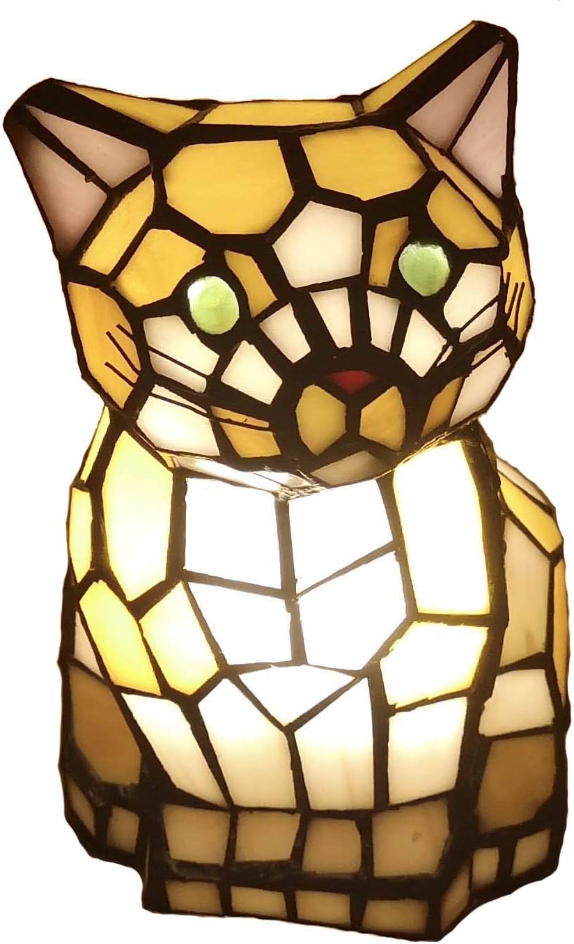 Bieye L10211 Cute Cat Waits for Someone to Play with Tiffany Style Stained Glass Accent Table Lamp Night Light for Home Decoration (One Cat, Yellow)