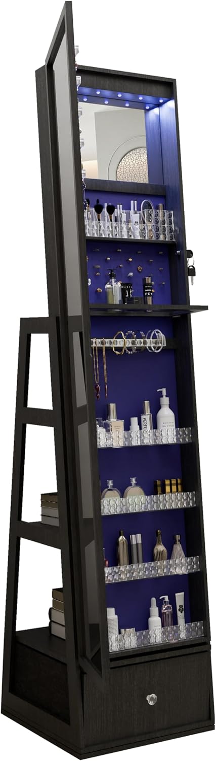 65' 360° Swivel Freestanding Storage Chest, Jewelry Cabinets with Interior Light, Utility Organizer with Lock for Home, Black