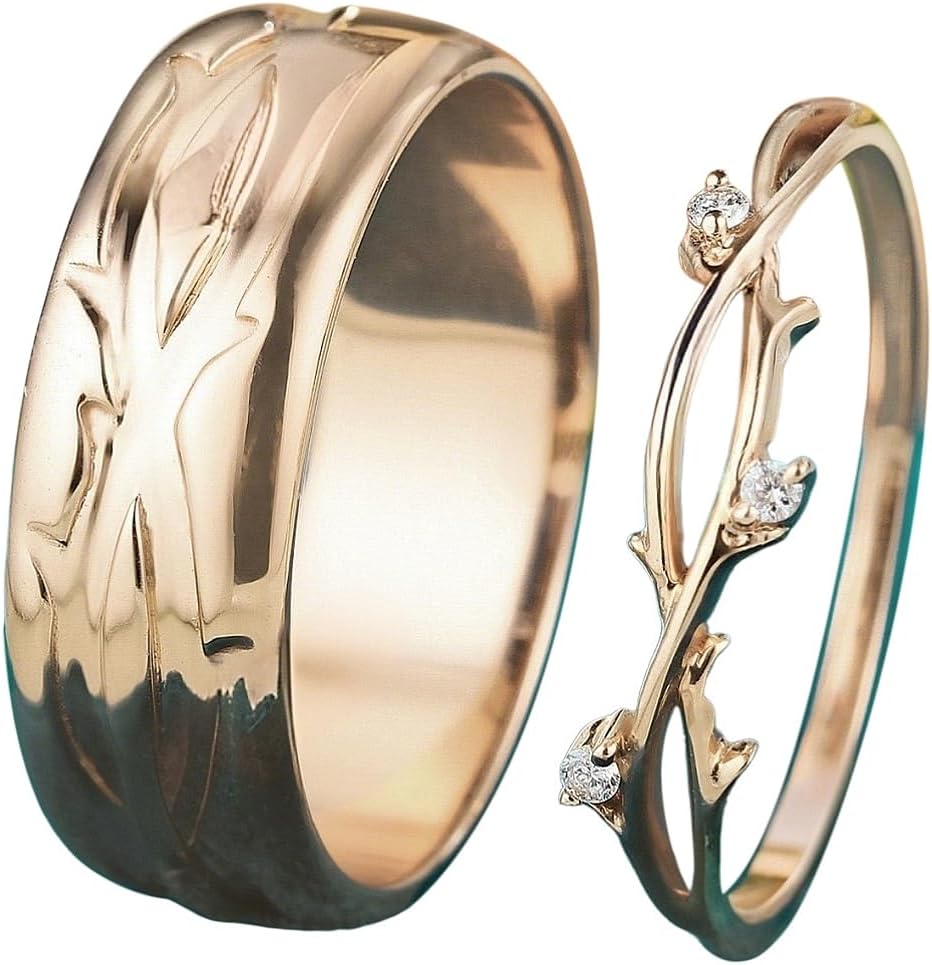 SISGEM Moissanite Couple Rings Set, 10K 14K 18K Solid Gold Moissanite Wedding Rings for Him And Her, Vintage Leaf/Branch Wedding Bands Matching Couple Rings Anniversary Jewelry Gift for Women And Men
