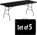 6FT Folding Table Set of 5 Portable Heavy Duty Plastic Table with Carrying Handle Fold-in-Half Utility Foldable Tables for Parties Wedding Events Dining Indoor Outdoor Picnic (Black)