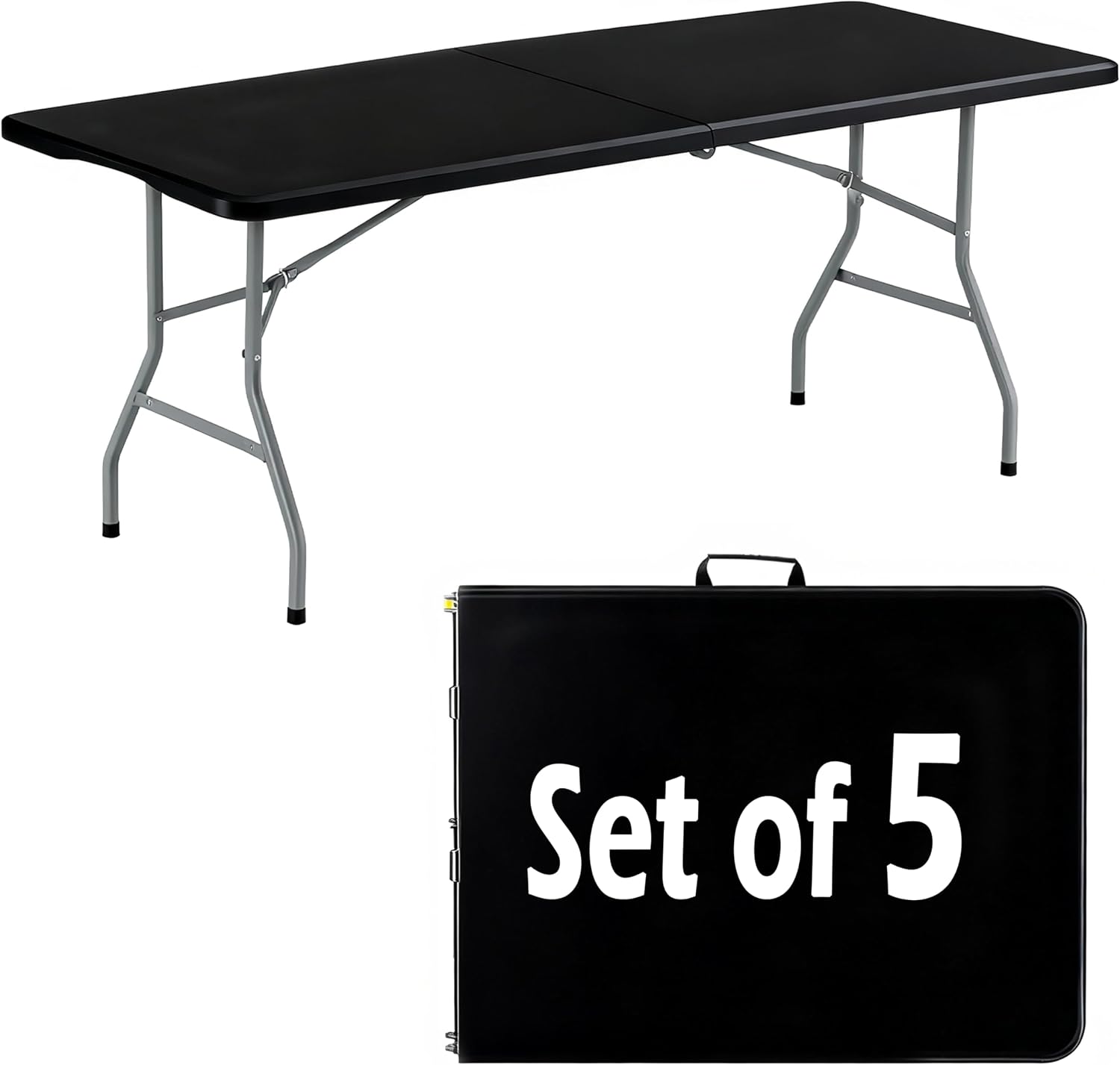 6FT Folding Table Set of 5 Portable Heavy Duty Plastic Table with Carrying Handle Fold-in-Half Utility Foldable Tables for Parties Wedding Events Dining Indoor Outdoor Picnic (Black)