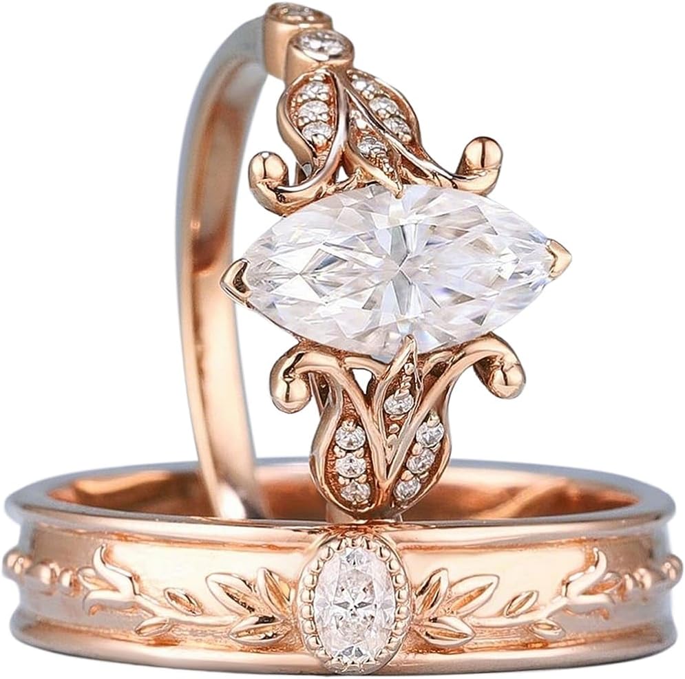 SISGEM Moissanite Couple Rings Set, 10K 14K 18K Solid Gold Moissanite Wedding Rings for Him And Her, Vintage Leaf/Branch Wedding Bands Matching Couple Rings Anniversary Jewelry Gift for Women And Men