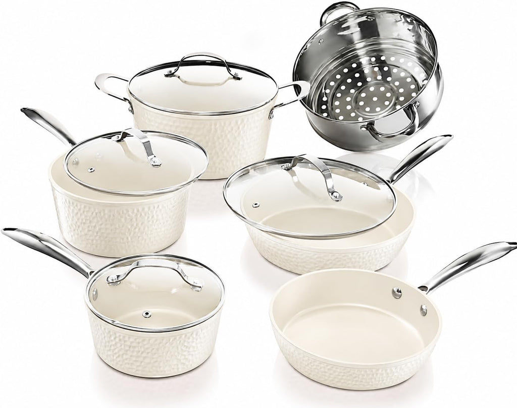 Gotham Steel Hammered 15 Pc Ceramic Cookware Set Nonstick, Pots and Pans Set Non Stick with Induction Cookware, Cooking Utensils & Steamer, Non Toxic PFOA PFOS Free, Oven & Dishwasher Safe