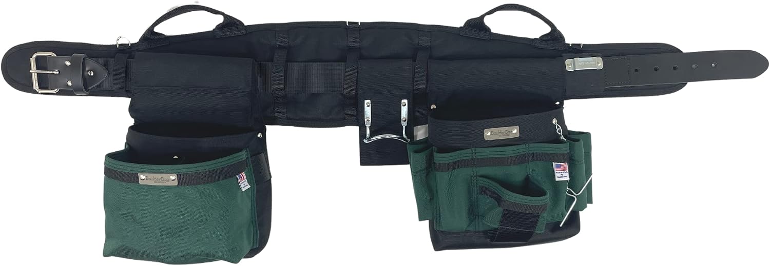 BOULDER BAG Ultimate Electrician's MAX Combo with Comfort Back Support Tool Belt, Leather Belt Buckle, Heavy Duty Tool Belt, Green, (Large 33-36 Inch Waist), Made in USA