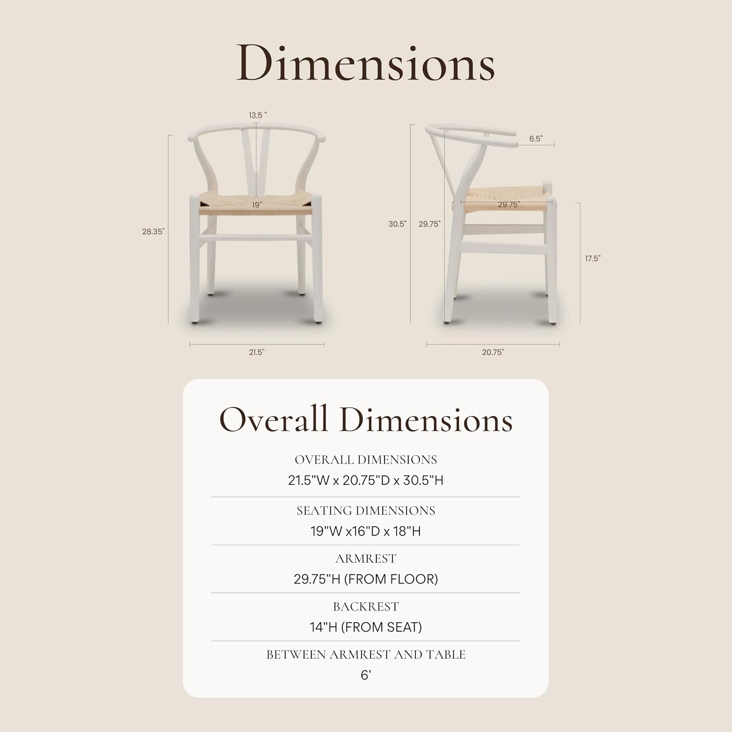POLY & BARK Weave Dining Chair – Mid-Century Modern Wishbone Dining Chair with Arms, Solid Wood Frame, Indoor Use – White – Single - Ideal for Dining Room, Kitchen or Stylish Accent Setting