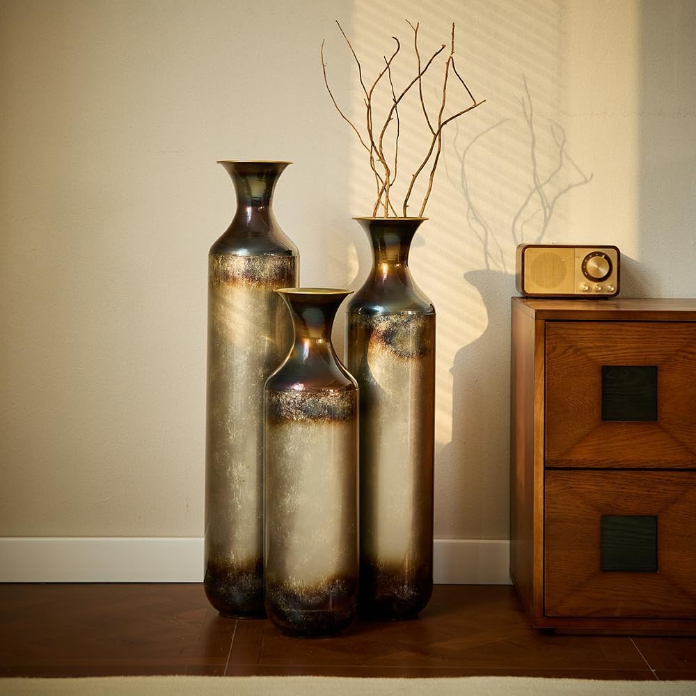 Floor Metal Decorated Vases Set of 3 for Gorgeous Home Decoration Large Glazed Metal Vases (Gold+Metal)
