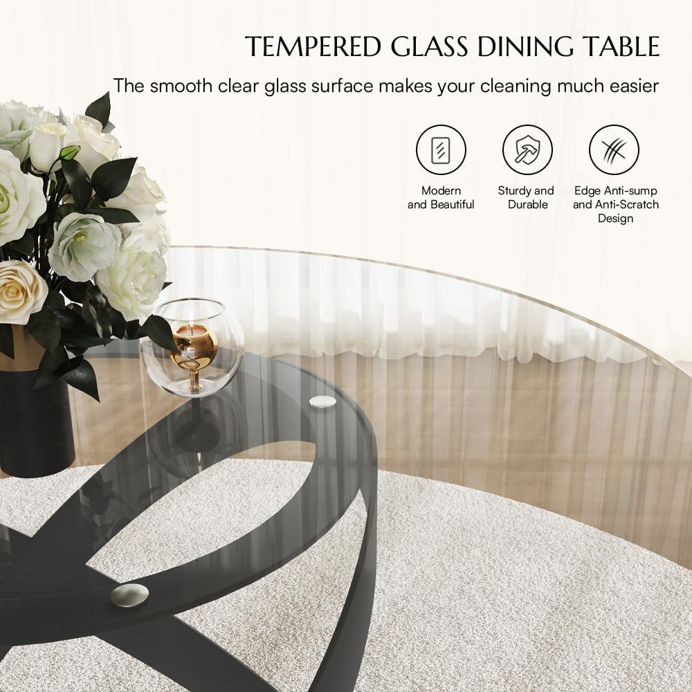 POVISON 59' Modern Round Dining Table, Glass Round Kitchen Table for 6, Glass Dining Room Table Top with Black X Carbon Steel Base for Dining Room (Dining Table Only)