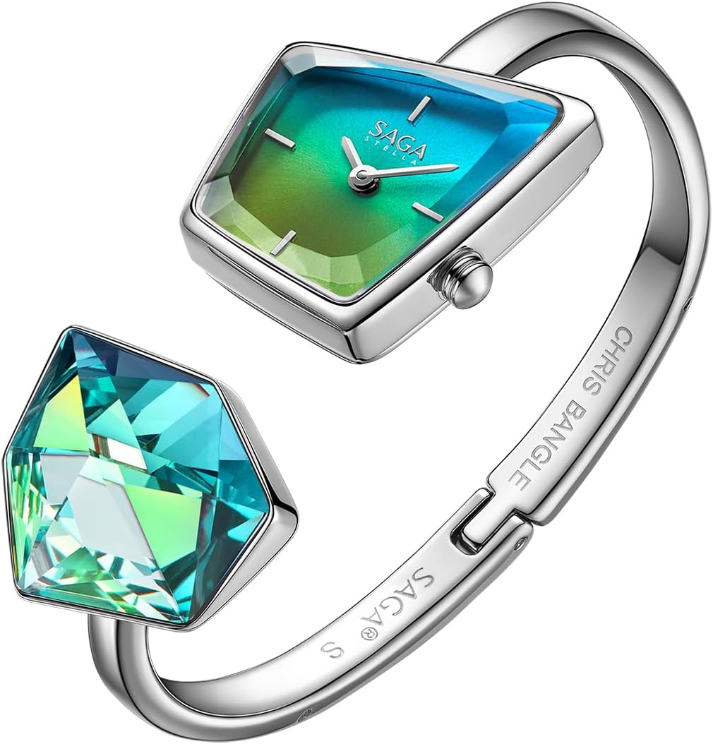 SAGA Illusion Women's Luxury Jewelry Bangle Watch, Mineral Case, 316L Stainless Steel Bracelet with Danube Crystals, Swiss Quartz Movement, 30M Water Resistant, Unique Gift for Her