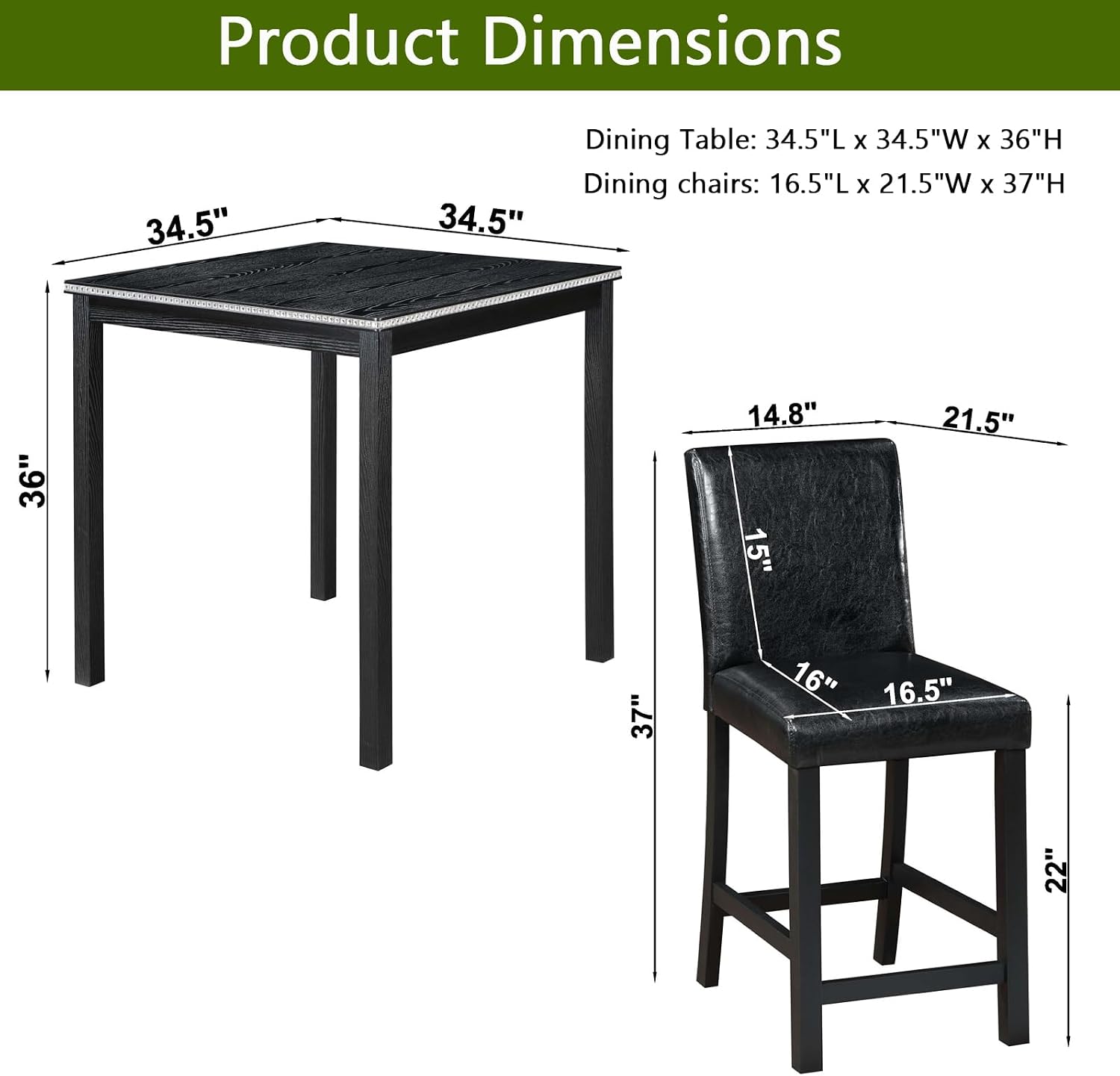 LUMISOL Dining Table Set for 4, 5-Piece Solid Wood Counter Height Kitchen Table Set with 4 Upholstered Chairs for Kitchen, Dining Room, Home Bar, Black