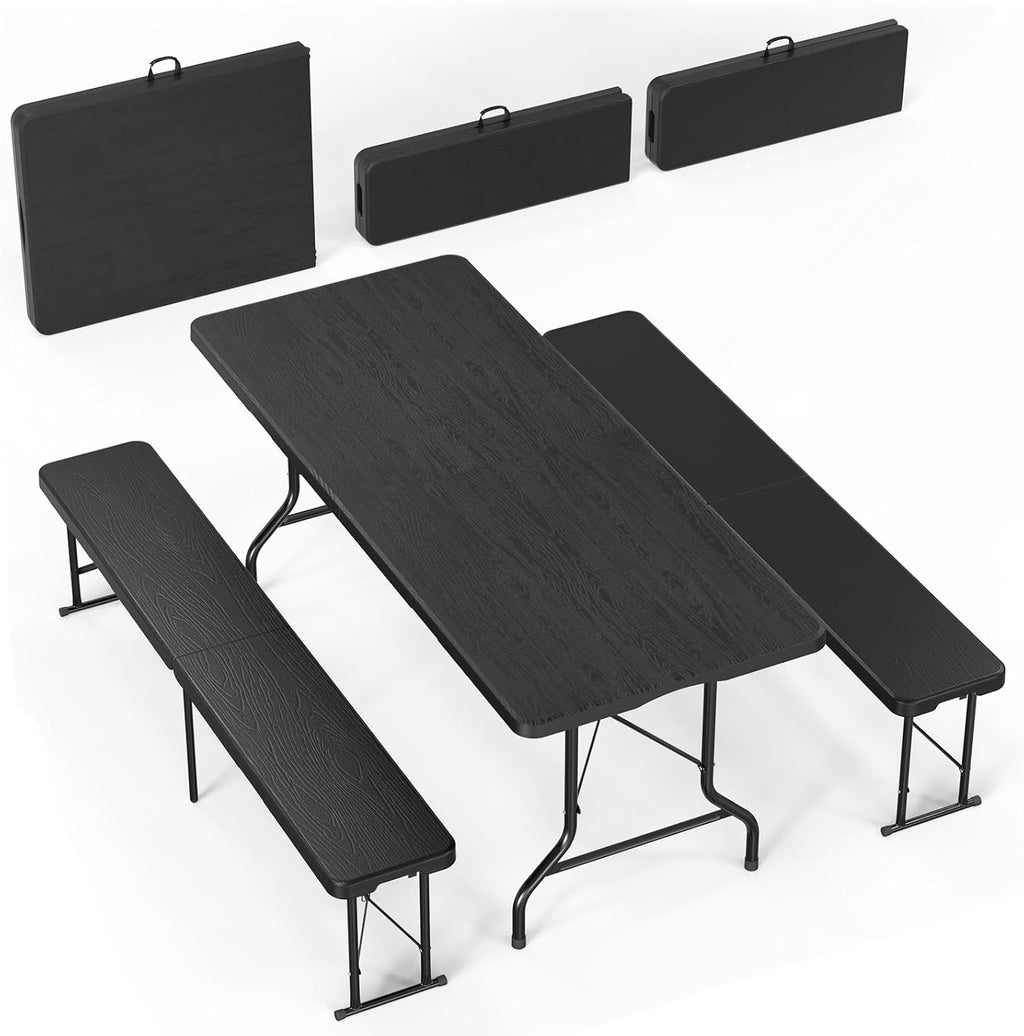 Bonnlo Black Folding Picnic Table Set with 2 Benches, 6 Feet Camping Table Chair Set, Modern Portable 3-Piece Furniture for Indoor/Outdoor Use, White Folding Picnic Table with Smooth Tabletop