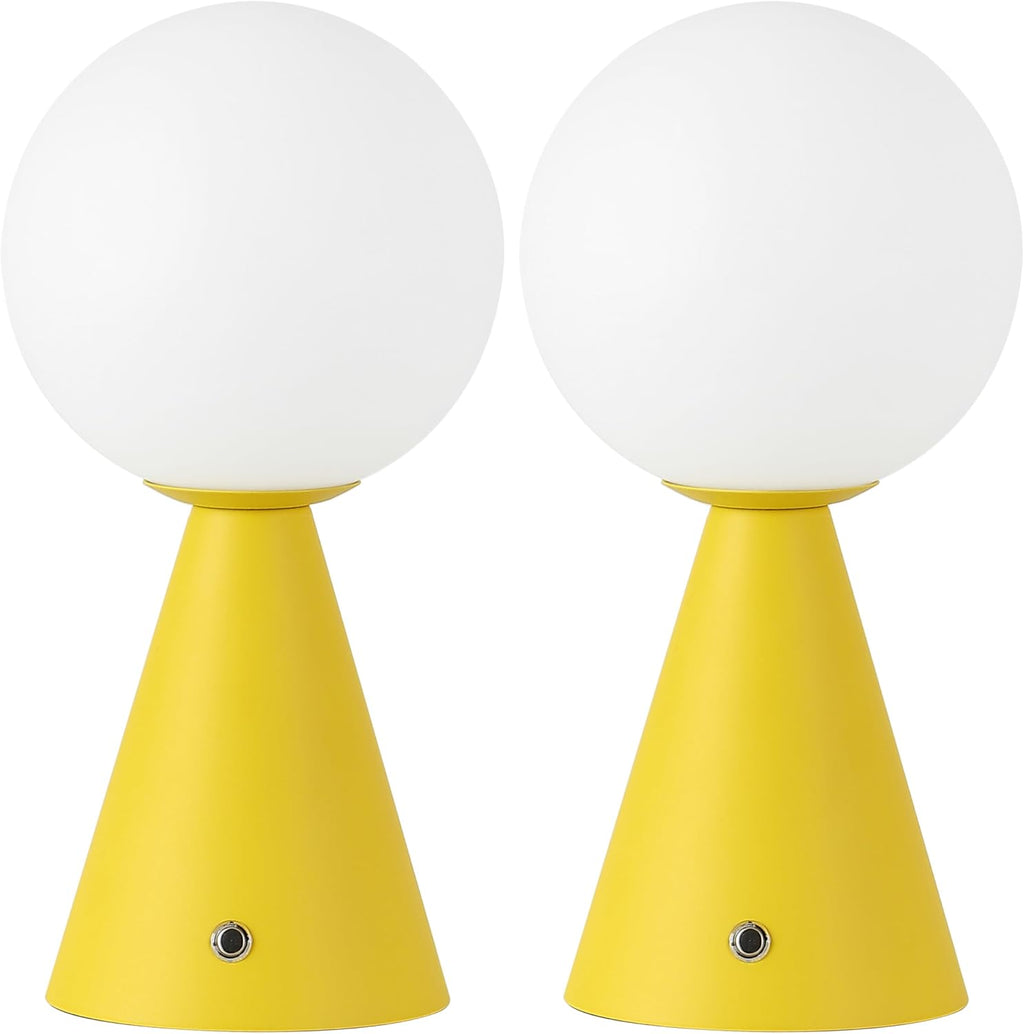 JONATHAN Y 11.75' Yellow Macie Modern Globe Cordless Table Lamp Set of 2, Rechargeable Dimmable Integrated LED Touch Sensor Bedside Lamp, White Frosted Glass Shade JYL7159A-SET2