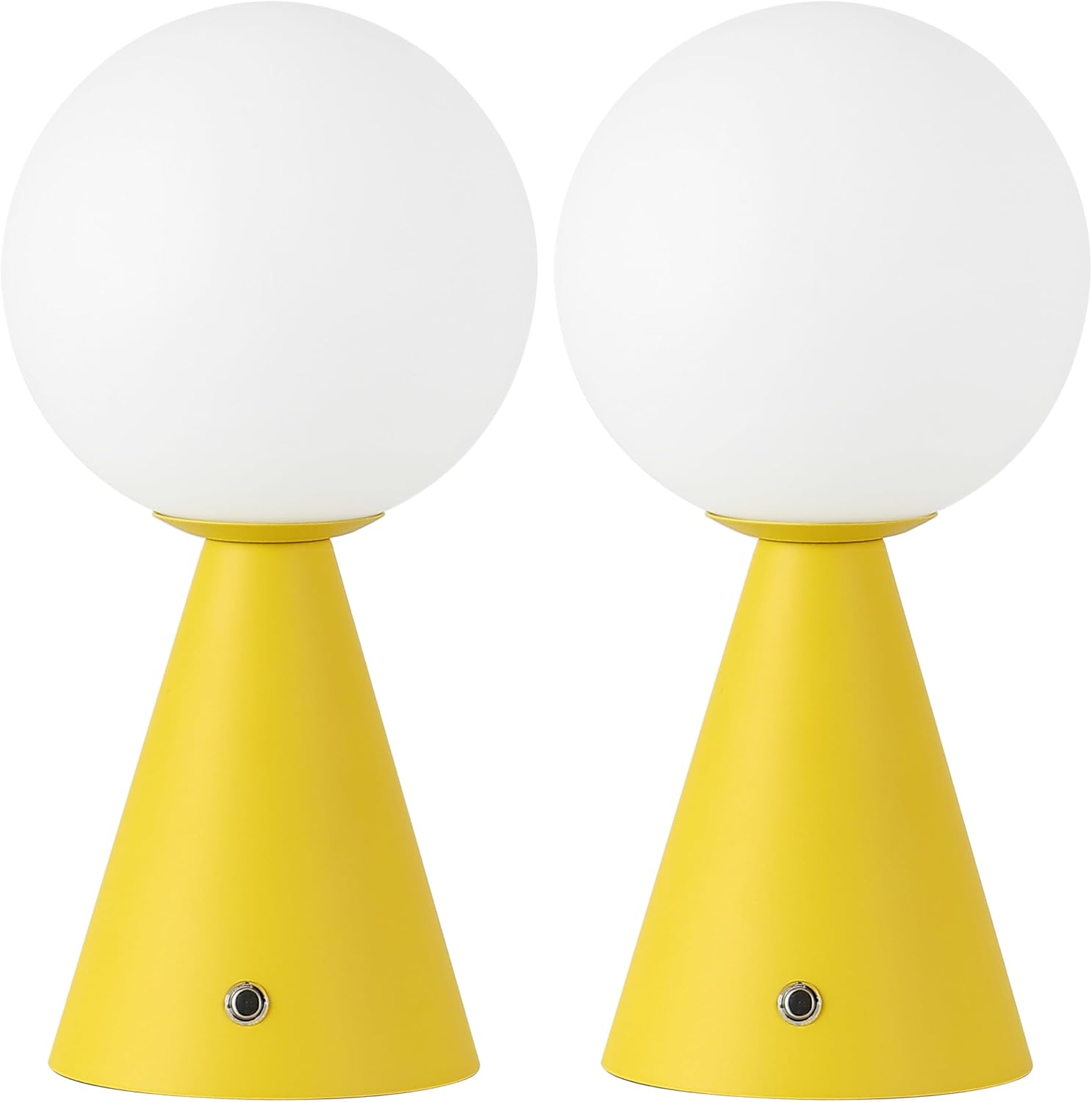 JONATHAN Y 11.75' Yellow Macie Modern Globe Cordless Table Lamp Set of 2, Rechargeable Dimmable Integrated LED Touch Sensor Bedside Lamp, White Frosted Glass Shade JYL7159A-SET2