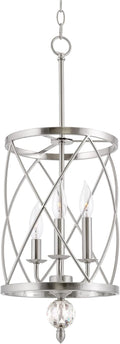 Kira Home Eleanor 27' Modern 3-Light Geometric Lantern Chandelier, Cylinder Trellis Cage Pendant Light with Crystal Finial, Brushed Nickel Finish