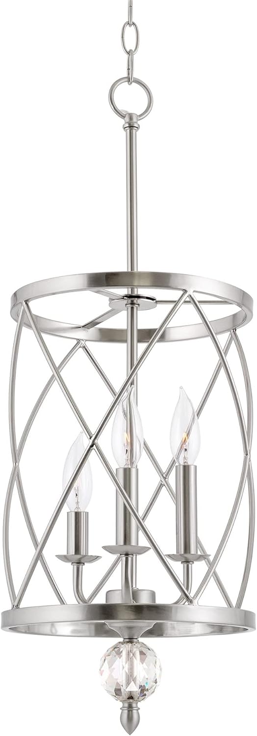 Kira Home Eleanor 27' Modern 3-Light Geometric Lantern Chandelier, Cylinder Trellis Cage Pendant Light with Crystal Finial, Brushed Nickel Finish