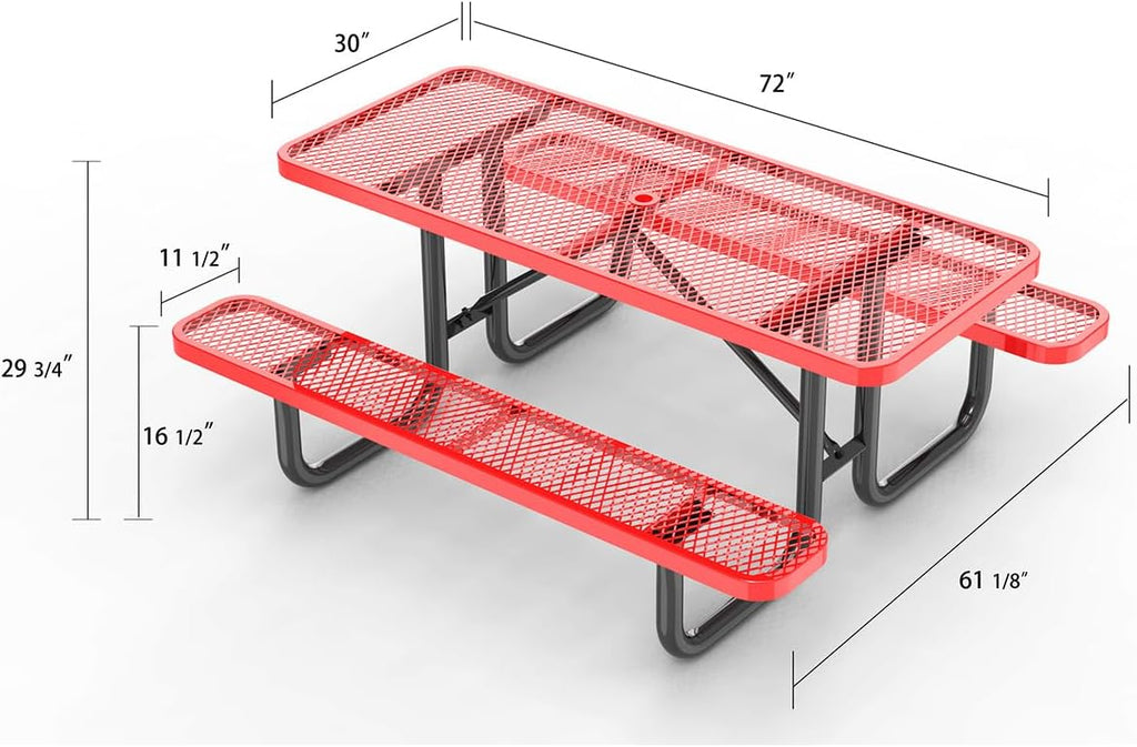 Heavy Duty 6' Rectangular Picnic Table, Expanded Metal, (72' Long) (Red)
