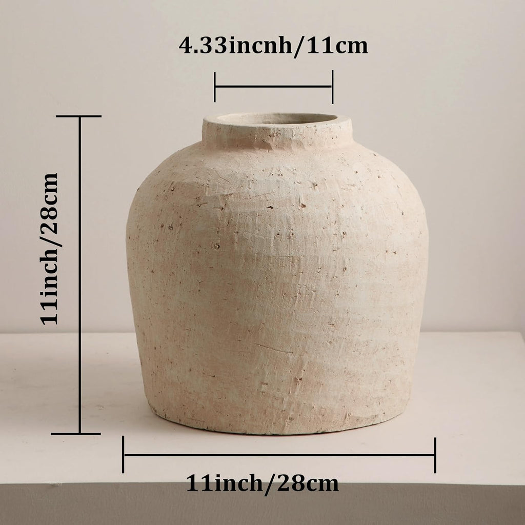 Large Ceramic Vase, 11' Rustic Farmhouse Terracotta Vase for Home Decor, Artisan Decorative Flower Vase for Living Room, Table Centerpiece, Bedroom (Terracotta Beige)