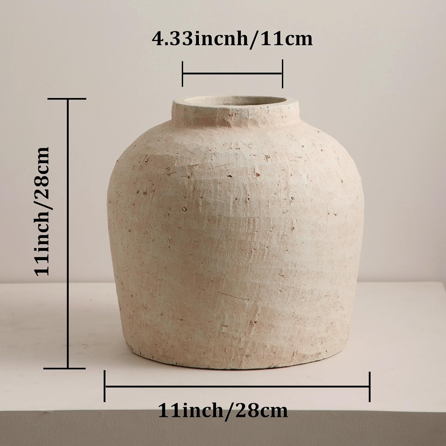 Large Ceramic Vase, 11' Rustic Farmhouse Terracotta Vase for Home Decor, Artisan Decorative Flower Vase for Living Room, Table Centerpiece, Bedroom (Terracotta Beige)