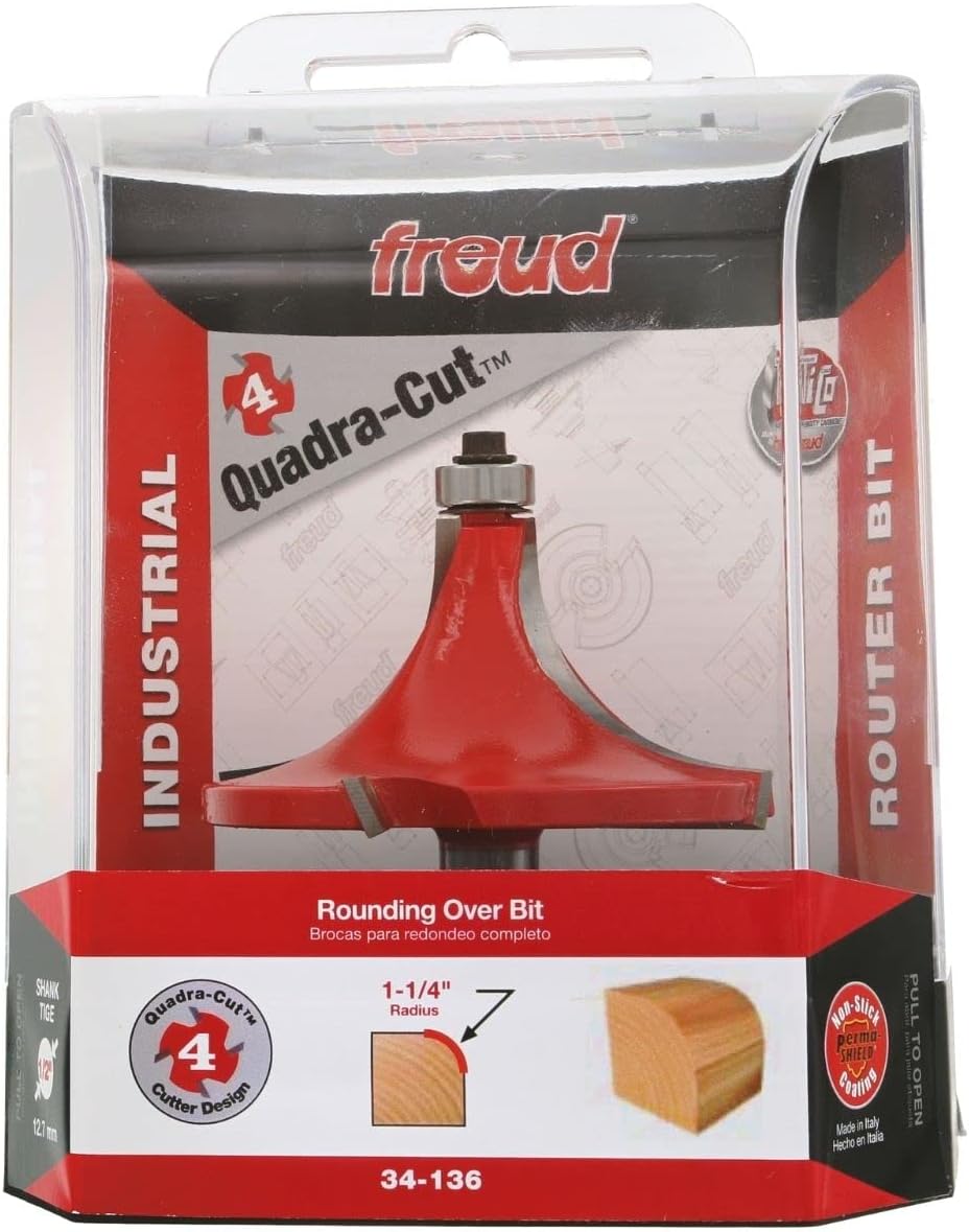 Freud Quadra-Cut Rounding Over Router Bit with Perma-Shield Coating for Maximum Durability - Ideal for Moldings & Beading, 1-1/4' Radius, 1/2' Shank, 4 Cutters - 34-136